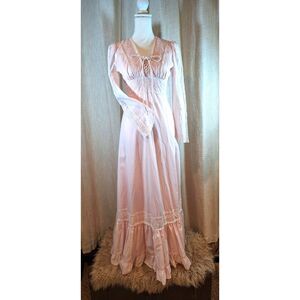 70's Pink Corset Dress Vintage Homemade Prairie Style Long Sleeve Maxi
